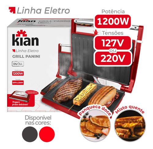 Grill Elétrico Multiuso Inox 220v 1200w Vermelho - Kian