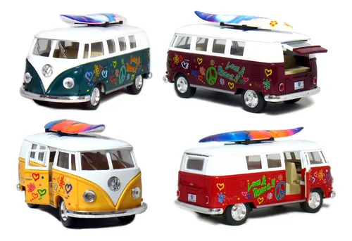 Juego De 4 Vehículos: 5 Vw Classic Van Flores Con Tabla D.