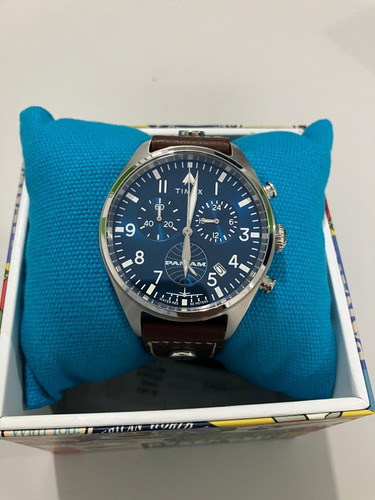 Reloj Timex Pan Am Hombre Piel Plata Hebilla Simple Marrón Plateado Azul