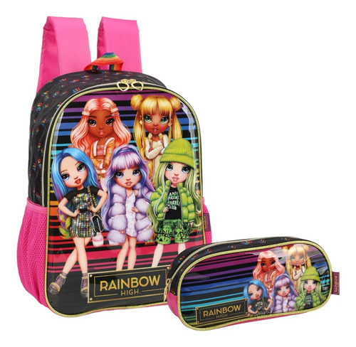 Mochila De Costas Menina Escolar E Estojo Rainbow High Cor Preto