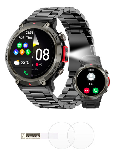 Smartwatch Ke3 Reloj Inteligente Con Linterna Integrada Estilo Militar Uso Rudo Y Deportivo Para Hombre Llamadas Notificaciones Deportes Sensor De Ritmo Cardiaco Bluemos Negro
