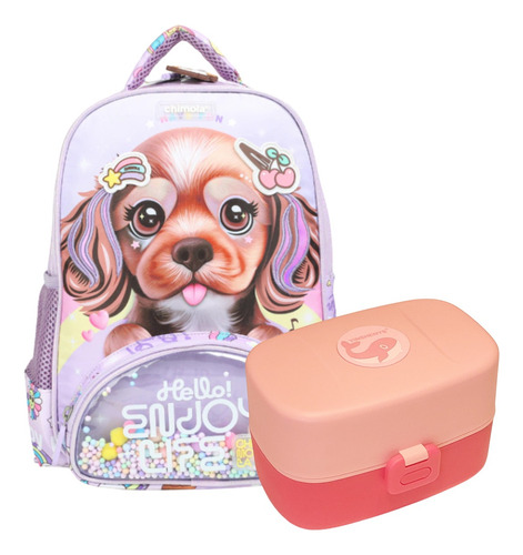Mochila Chimola Espalda Jardín Infantil 12 + Lunchera Rosa Lila Perrita