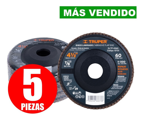 Disco Laminado 5 Piezas 4-1/2''x 7/8'' Grano 60 C15701