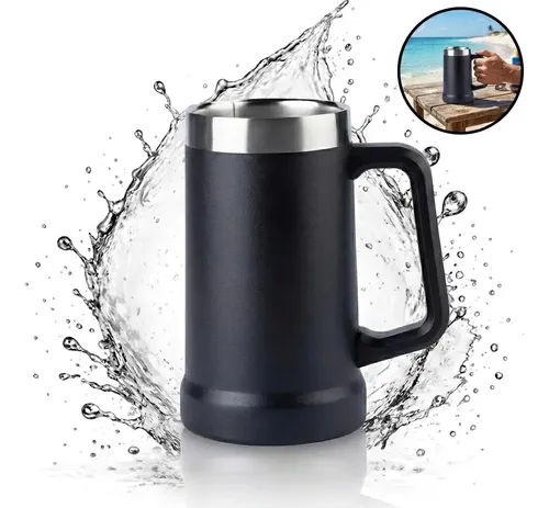 Caneca Térmica Preta de Aço Inoxidável 720 mL Com Parede Dupla e Alça Para Cerveja, Café e Chopp