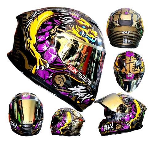 Casco Moto Premium Hax Shen Long Morado Dorado Ece + Mica