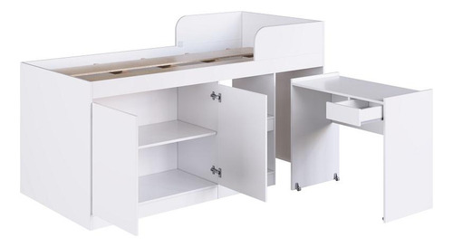 Cama Alta Solteiro Multifuncional Com Escrivaninha Branca
