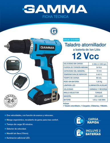 Imagen 4 de 9 de Taladro Atornillador Ion Litio 12v C/ 2 Bateria Gamma G12105