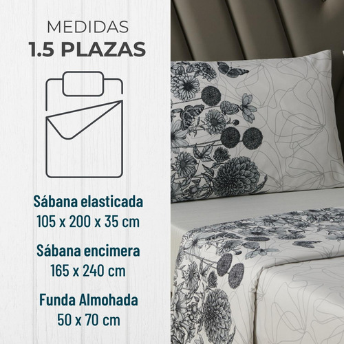 Sabanas Estampadas Ultra Suave + Funda Almohada Casatua 1,5P - Color Flores Gris