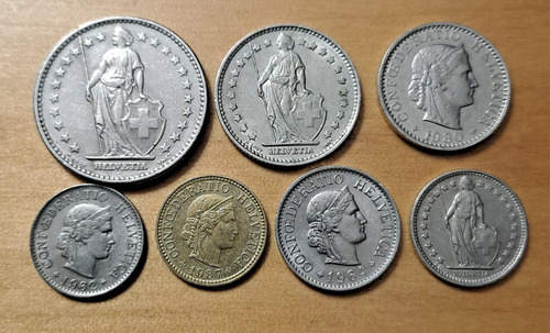 Suiza X 7 Monedas Incluye 1 Y 2 Francos 1968. Usadas!!! (Usado)