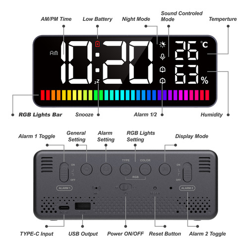 Reloj Digital Nocturno Con Alarma Led, Barra De Ritmo, Panta