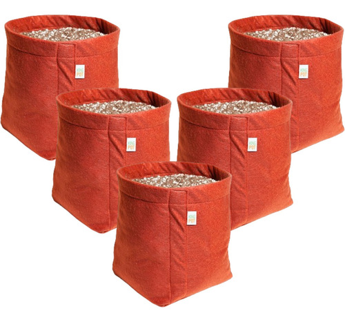 5 Vasos Feltro Plantas 11 Litros Cultivo Indoor King Pot Cor Vermelho