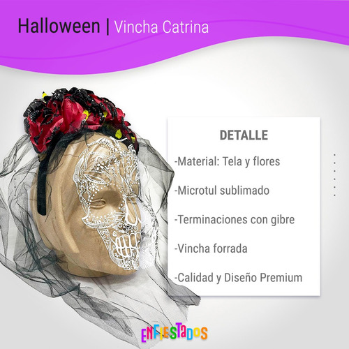 Vincha Catrina Con Velo Y Flores Calaca Cotillon Halloween Rojo Y Negro