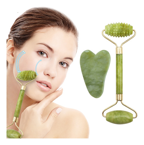 Rodillo Facial Y Gua Sha Cuarzo Rosa Jade C/ Caja Rejuvenece