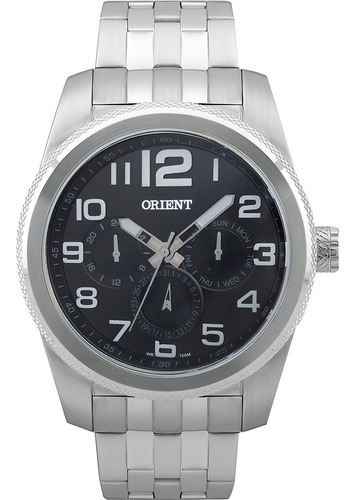Relógio Orient Sports Mbssm046 P2sx Pulseira De Aço Prata Fundo Preto