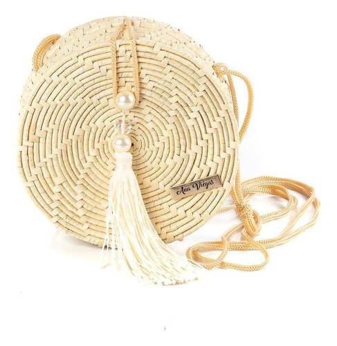 Bolsa Feminina Tiracolo Palha Redonda Tassel Lisa Casual Cor Creme