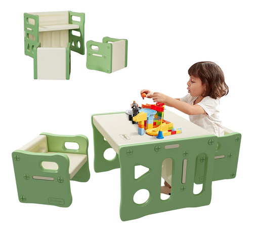 Mesa Y 2 Sillas De Plástico Para Niños Color Verde