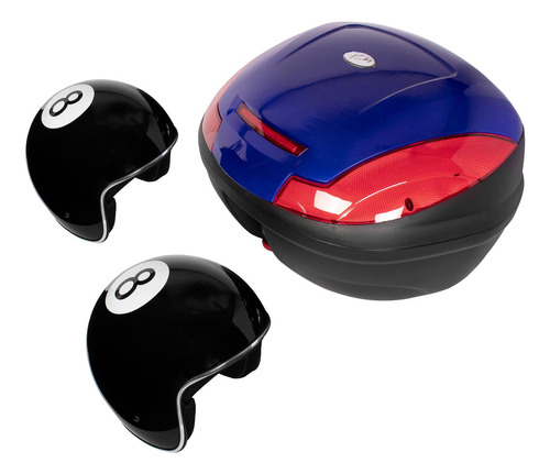 Kit Caja Portaequipaje Moto Azul + 2 Cascos Bola 8 Kinlley