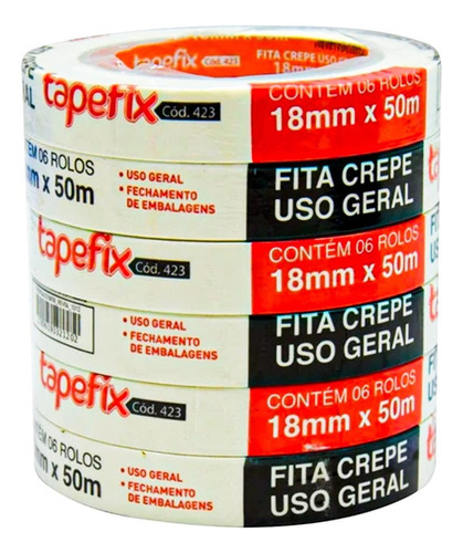 Fita Crepe Adere Uso Geral 423 - 18mm X 50m - Kit C/6 Peca