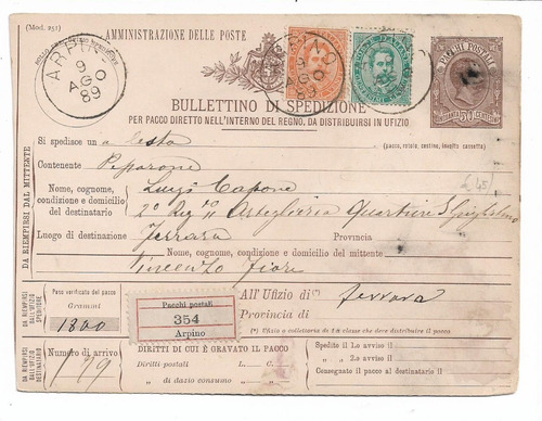Certificado Estampillas De Italia Boletin De Expedicion 1889