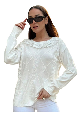 Sweater Importado Blanco Escote Guipiure Puntilla Y Perlas