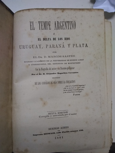 Marcos Sastre El Tempe Argentino Y Consejos De Oro... 1881 #