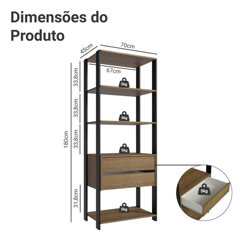 Guarda-roupa Closet 2 Gavetas 4 Prat 70cm Valencia Madesa Rp Cor Rustic/Preto