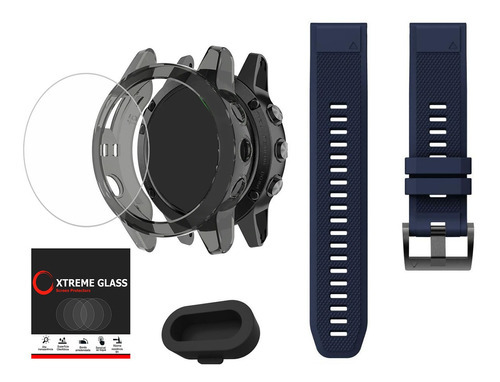 Kit Pulseira Para Fenix 5 47mm Plus Pelicula Capa + Plugue Cor Azul-escuro