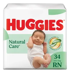 Pacote de fralda Huggies Natural Care tamanho RN com 34 unidades