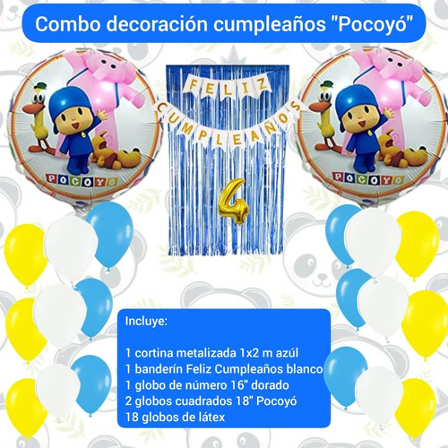 Combo Decoración Cumpleaños Pocoyo Globos Cortina Banderin 