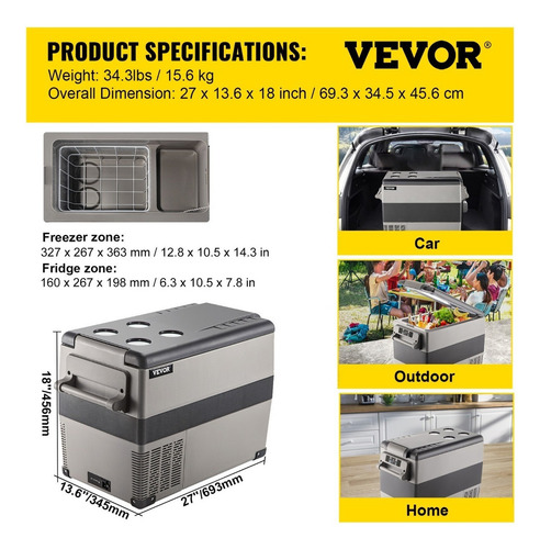Vevor Refrigerador Portátil 45l Nevera Portátil Para Coche Color Gris