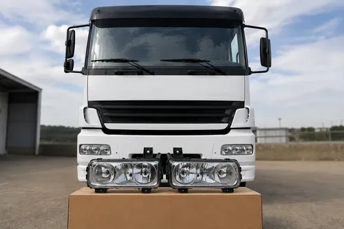 Par de faróis em cima de uma caixa, com um caminhão Mercedes-Benz Atego branco atrás