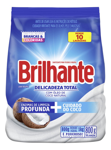 Sabão em pó Brilhante Delicadeza Total Roupas Brancas e Coloridas coco antibacterial pacote 800 g