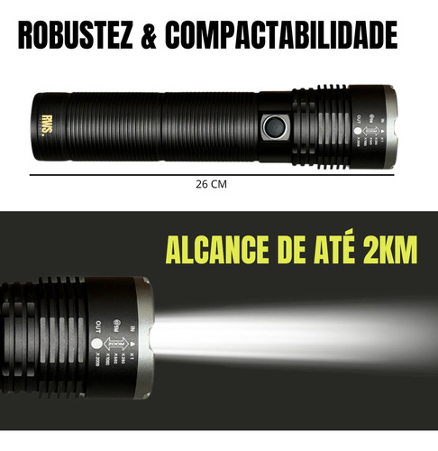 Rws Lanterna Tática Militar Recarregável Super Potente Com Zoom 2000 Lúmens Luz Branca Cor Preta 2 Km
