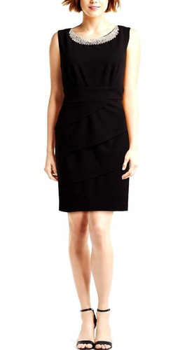 Vestido Dama Coctail Negro Con Perlas Stretch Talla 8