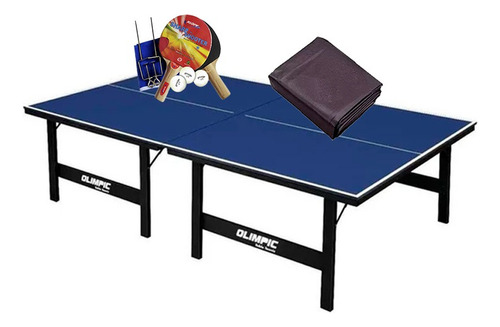 Mesa Ping Pong Olimpic 1014 + Kit Completo 5030 + Capa Cor Azul