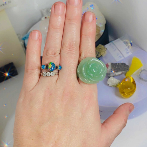 Anillo Flor Rosa Jade Verde 100% Natural N23- Ajad34