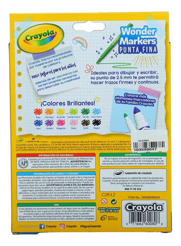 Crayola Marcadores 12 Lavables Unidades Punta Fina Escolares