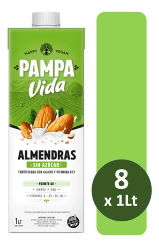 Leche De Almendras Pampa Vida. Sin Azúcar. Pack X 8 Unidades