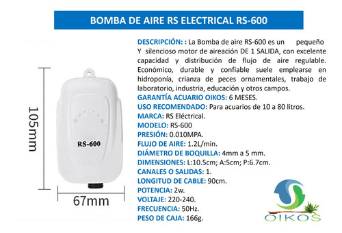 Imagen 5 de 10 de Bomba De Aire Para Acuario Rs Electrical Rs-600