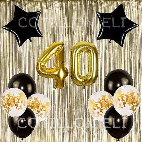 Combo Cumple Banderin Globos Numeros Dorado Negro