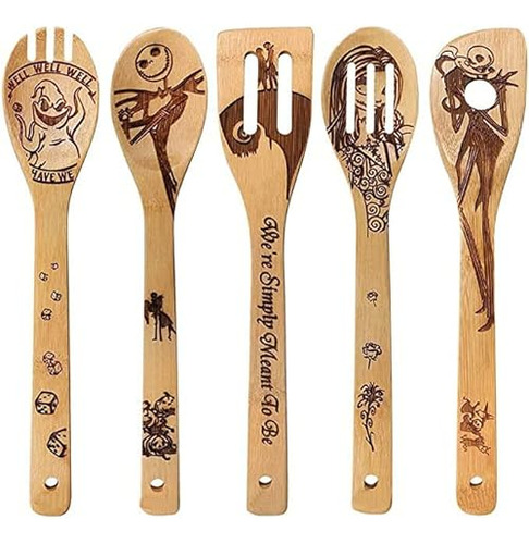5pcs Christmas Wooden Spoons Set For Cooking Burned Woo...