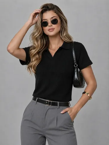 👕 Camiseta Polo Wafle Feminina Texturizada sem Botão