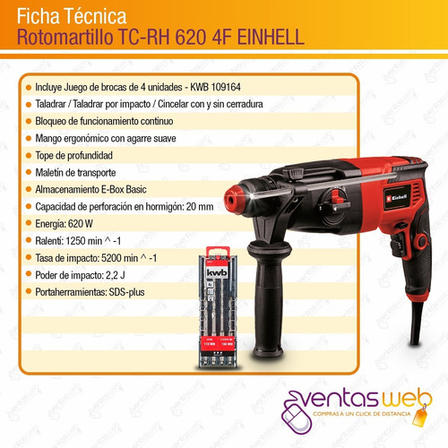 Imagen 7 de 8 de Rotomartillo Einhell 20 Mm Hormigon 2,2 J + Maletin Mechas