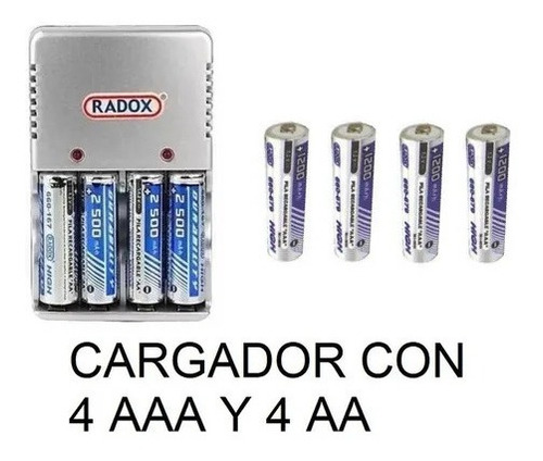 Cargador De Baterias Radox Incluye 4 Pilas Aa Y 4 Aaa