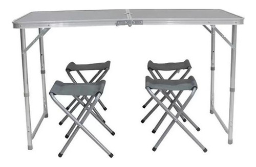 Conjunto Mesa 4 Bancos Kit Camping Dobráveis - Cinza