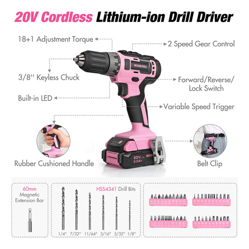 Kit De Ferramentas Workpro Pink Com Furadeira Sem Fio De 20v