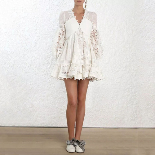 Vestido De Manga Larga Con Cuello En V De Encaje De Talla Gr