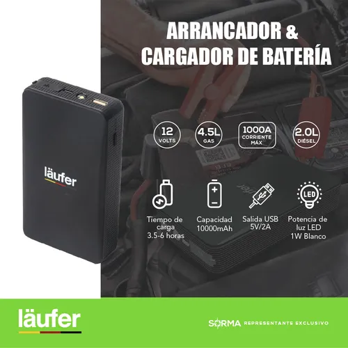 Arrancador De Batería Portátil Cargador Auto Moto Laufer Usb