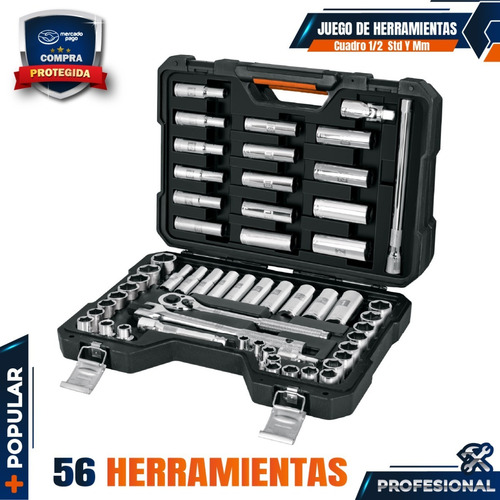 Juego De 56 Herramientas Cuadro 1/2 Std Y Mm, Truper 102261