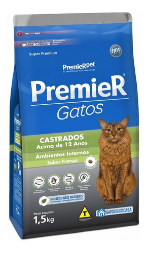 Premier Ração Gato Castrado Frango +12 Anos 1,5kg
